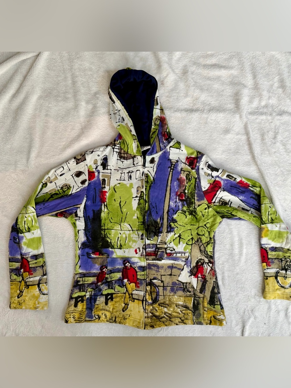 Michael Leu Cityscape Bicycle Print Full Zip Hoodie Women’s Small